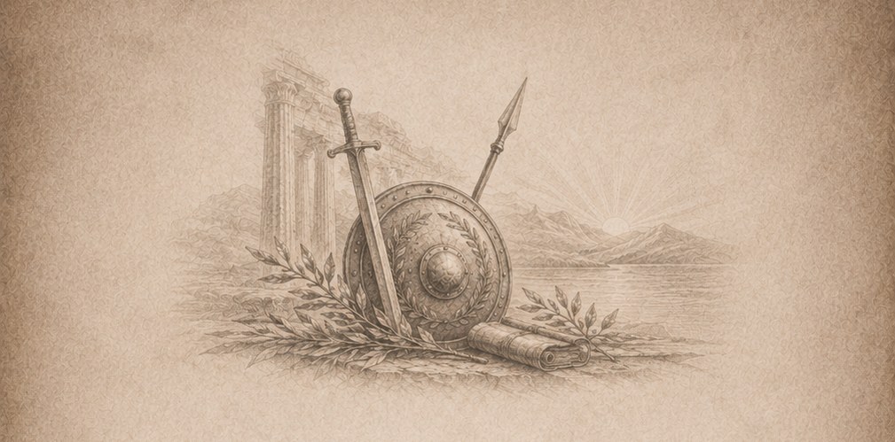 A sword, shield, spear, laurel, and scroll arranged against a classical landscape.